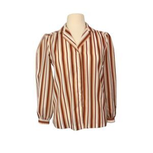 Fire Islander Vintage Womens Brown White Striped Secretary Blouse, Shirt 38 bust